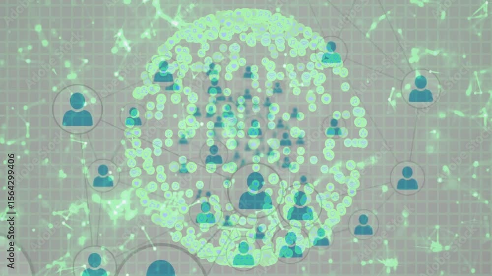 Poster green nodes clustering on grid open forming circle as avatar icons linking mapping network