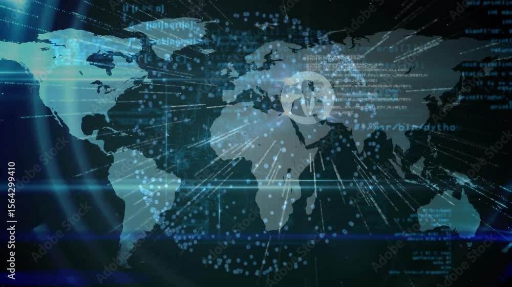 Poster visualizing connectivity, dots appearing starting ring scanning globe and code, beams linking icons