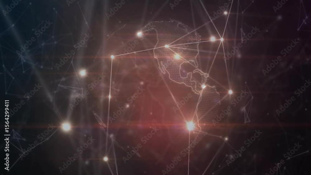 Poster glowing points forming lines into wireframe globe rotating and emitting flare visualizing network