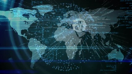 Visualizing connectivity, dots appearing starting ring scanning globe and code, beams linking icons - Powered by Adobe
