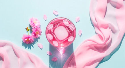 Elegant Pink Drink with Cherry Blossom on pastel Blue Background