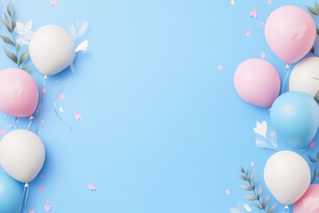 Pastel balloons with foliage and confetti on a bright blue background. Perfect for baby showers, birthdays, and other festive events.