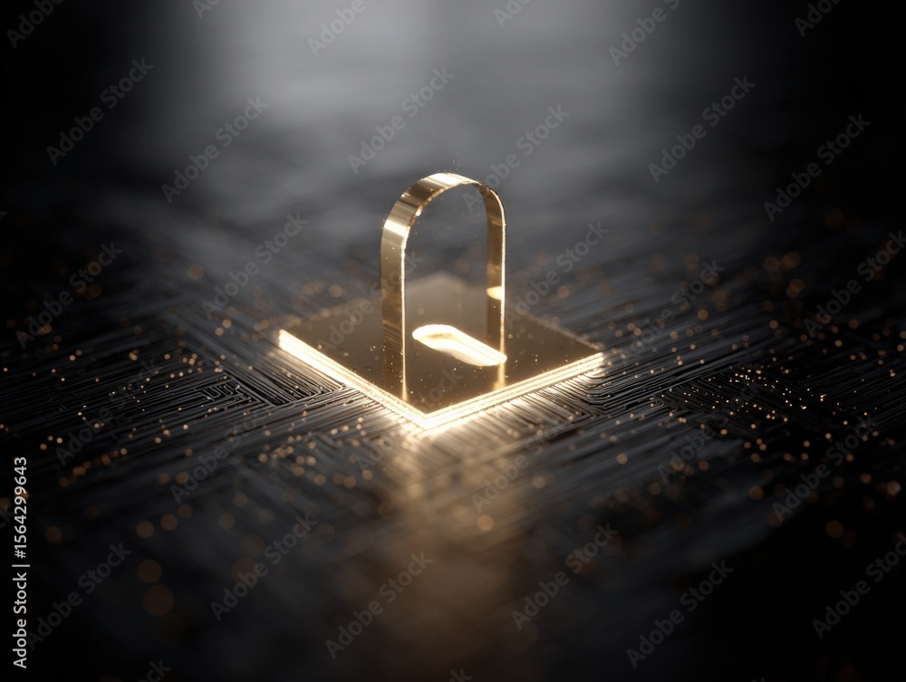 Poster futuristic glowing digital padlock symbol representing cybersecurity and data protection technology 
