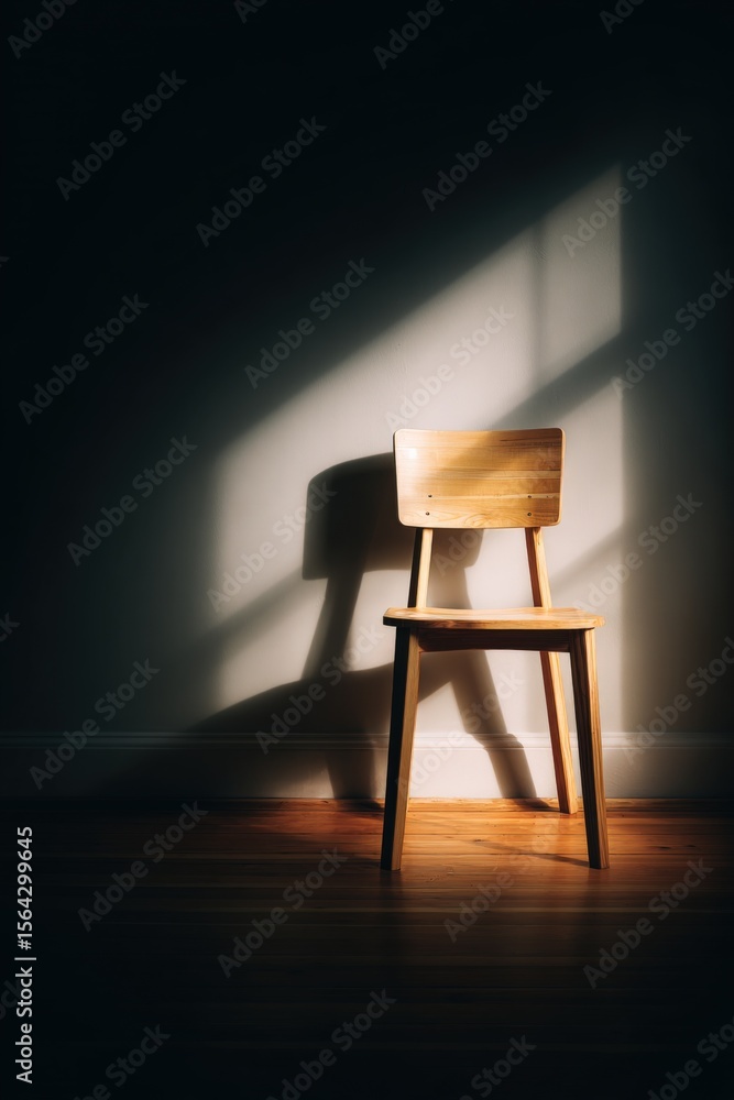 Poster Empty wooden chair illuminated by sunlight casting a shadow on a plain wall in a minimalistic interior setting
