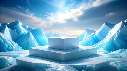 White podium displayed in a frozen ice world with bright sunlight and ice mountains