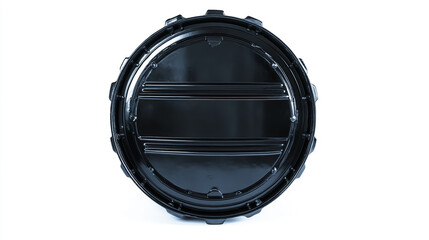 A black industrial oil drum stands isolated on a clean white background, emphasizing its rugged design