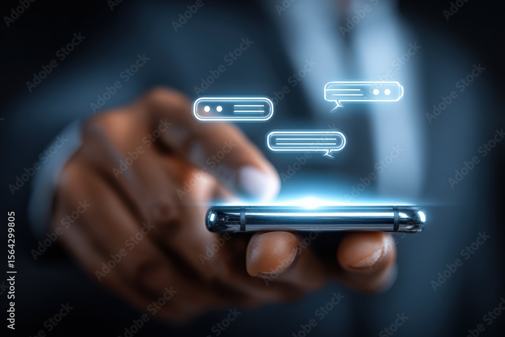 Aufkleber Close-up of a person using a smartphone with holographic chat bubbles representing messaging in a dark modern environment