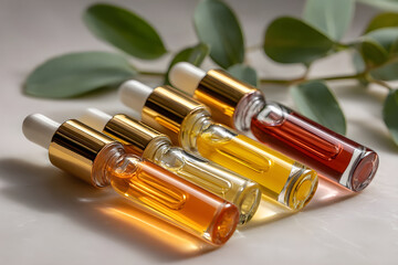 Naklejka premium Assortment of colorful essential oils in glass dropper bottles with gold accents and eucalyptus leaves