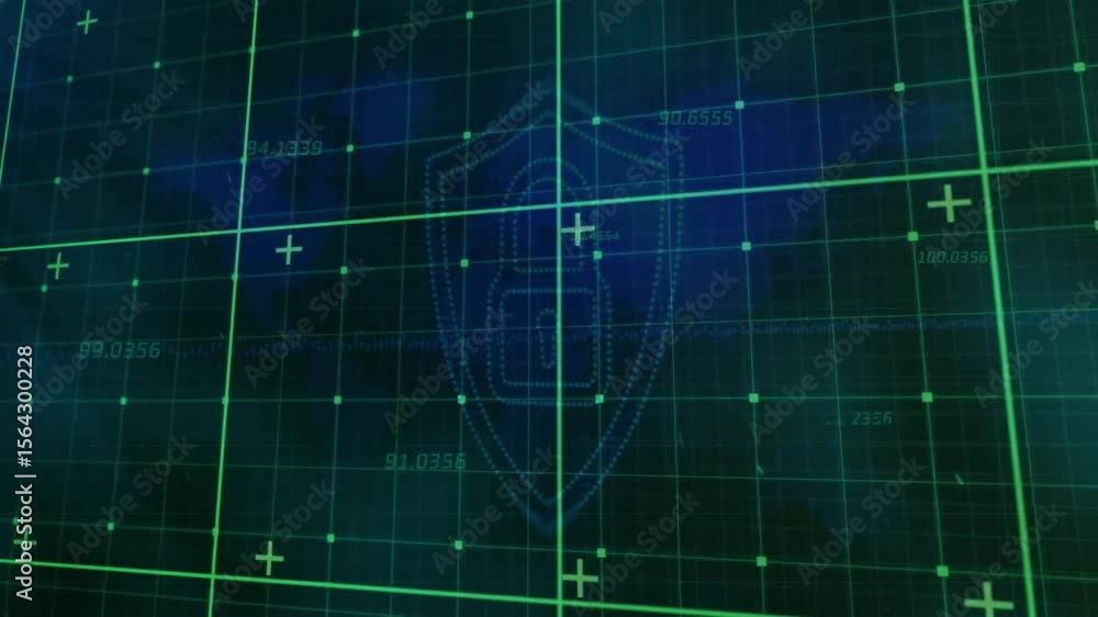 Poster flickering values starting grid scanning shield emerging and padlock forming in security interface
