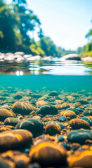 Crystal clear river flows over smooth stones and rocks as a tranquil forest landscape enhances the relaxing natural scene.