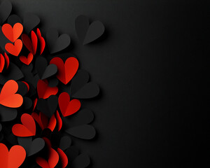 Black paper hearts with neon red accents on a black background, a Valentine's Day card design in banner format with copy space at the top for text