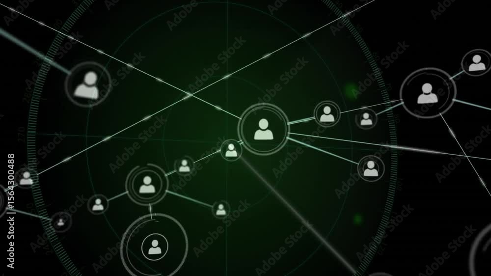 Poster flat design radar sweeping starting central user icon spawning linked icons linking network growth