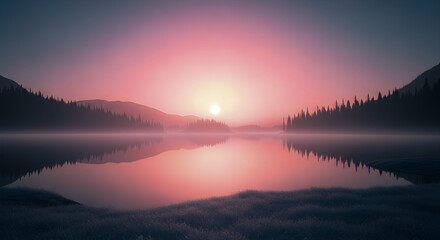 Tranquil mountain lake reflects a vibrant pink sunrise amidst misty forests and a serene landscape view.