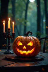Smiling jack-o'-lantern, candelabra glow on rustic table, spooky woods , candelabra, scary