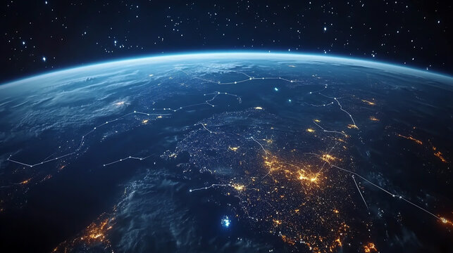 Blue Globe viewing from space at night with connections between cities