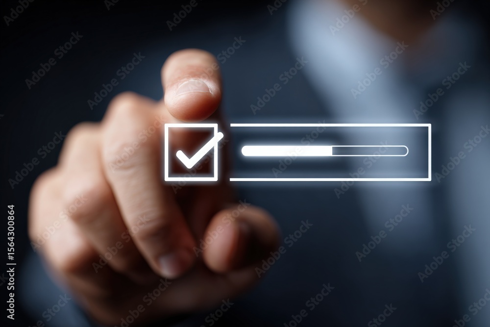 Aufkleber Businessperson selecting checkbox on digital interface with finger pointing at survey or form, close-up of hand and computer screen