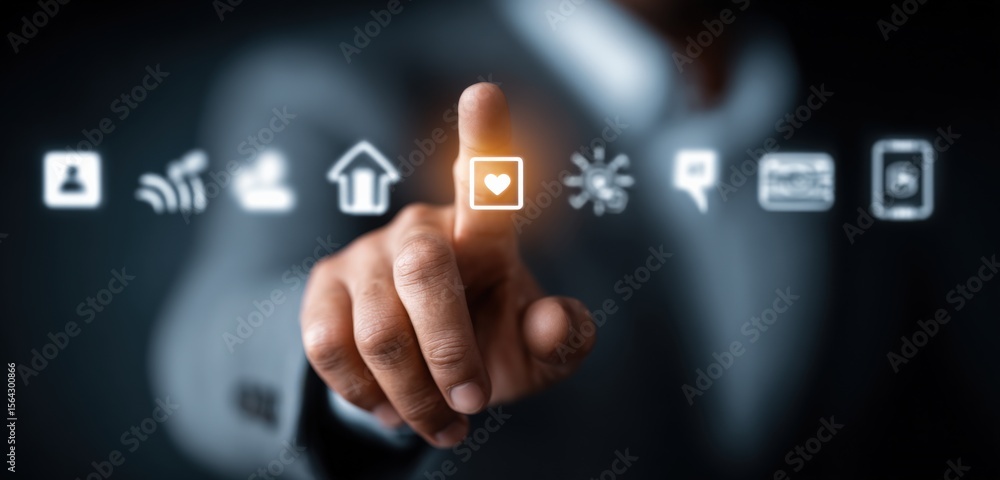 Aufkleber Modern hand interacting with a virtual smart home control panel featu various connected technology icons and interface elements