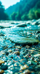 Fresh flowing water sparkles over stones in a vivid mountain river scene, highlighting nature's beauty and tranquility.