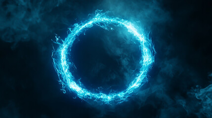 Blue neon glowing circular frame with radiant rays, emitting a vibrant glare, isolated on a dark background. Futuristic light effect, electric glow, and cyber-inspired design