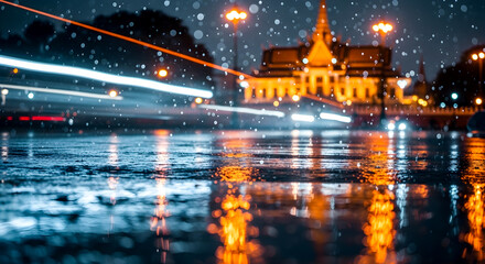 Golden temple gleams in the rainy night, reflecting in the wet street surface with blurry city light trails
