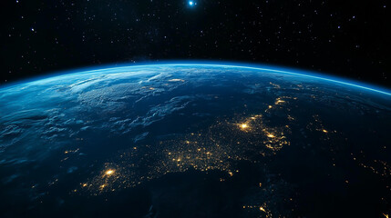 Blue Globe viewing from space at night with connections between cities