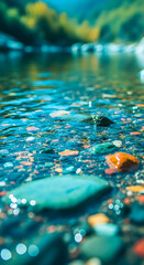 Calm river flows over colorful stones, reflecting light and creating a tranquil, natural scene in a peaceful outdoor setting.