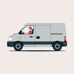 Grey Delivery Van Driven by Man in Red Cap Side View Illustration lightgrey