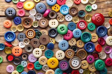 Fototapeta premium Colorful Assorted Buttons Scattered on Rustic Wooden Surface: Vibrant, Craft, Texture
