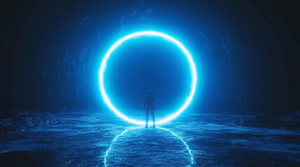Blue neon glowing circular frame with radiant rays, emitting a vibrant glare, isolated on a dark background. Futuristic light effect, electric glow, and cyber-inspired design