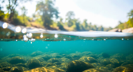 Tranquil river scene showcases clear water, rocks underwater and lush foliage for a refreshing natural experience.