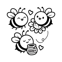 fun cute bees compilation with flower and honey chi-bi cartoon character isolated drawing line style sketch classic vintage design illustration