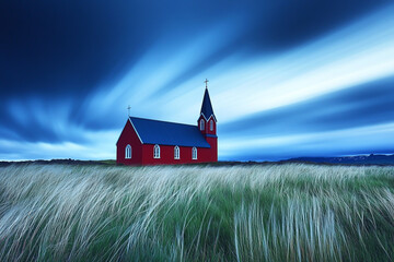 blue-and-white photograph of a red church in Iceland, taken with a long exposure, showing a grassy field with motion blur