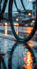 Bicycle wheel splashes through a rainy street, reflecting city lights on a wet evening ride in urban environment.