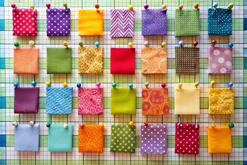 Fototapeta premium Vibrant colorful fabric swatches pinned on grid; textile design, craft, quilting, DIY project, overhead shot.