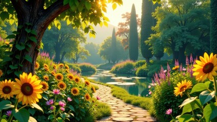 Serene Garden Path Meandering Through Lush Greenery, Sunlit Pond, and Vibrant Blooms of Sunflowers and Other Flowers