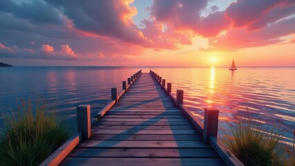 Serene Sunset Vista Wooden Pier Extending to a Calm Ocean with a Lone Sailboat at Golden Hour
