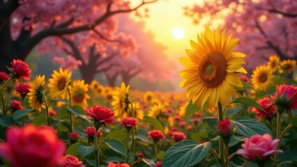 Golden Sunflower and Rosy Blooms at Sunset in a Vibrant Floral Garden