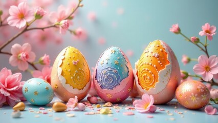 Delightful Pastel Easter Eggs Decorated with Delicate Floral Designs and Surrounded by Spring Blossoms