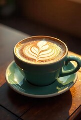 Warm Morning Light Illuminates a Cup of Latte Art Coffee on a Wooden Table