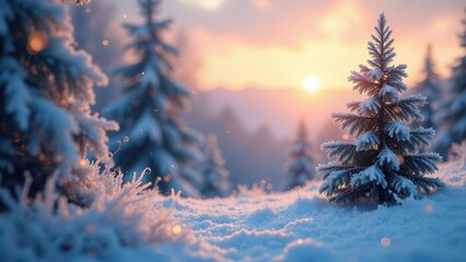 Winter Wonderland A Lone Evergreen Shrouded in Snow at Sunset, Glimmering with Sparkling Light