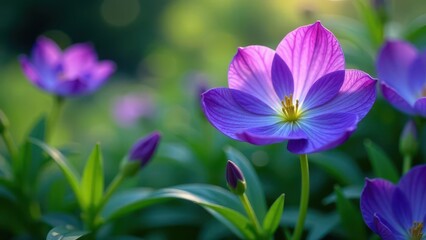 Serene Purple Bloom in Soft Sunlight, Delicate Petals Unfurling in a Garden Setting