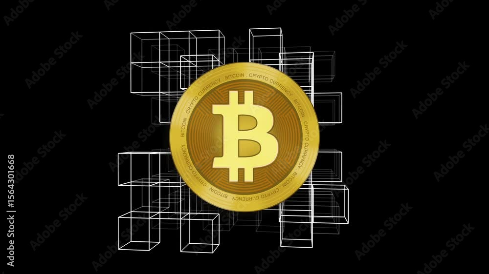 Poster golden bitcoin spins over a cube-based digital structure