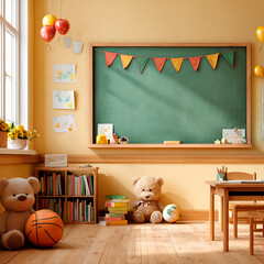 Vibrant kindergarten classroom with chalkboard art, toys, and sunny window.