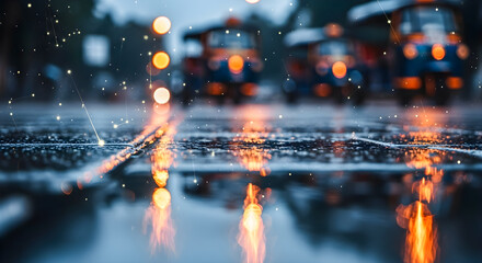 Reflections on a rainy street showcase vibrant auto rickshaws in a bustling Asian city, adding charm to the urban landscape.