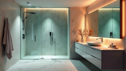 Modern Ensuite Bathroom Design with Warm Lighting and Glass Shower Enclosure