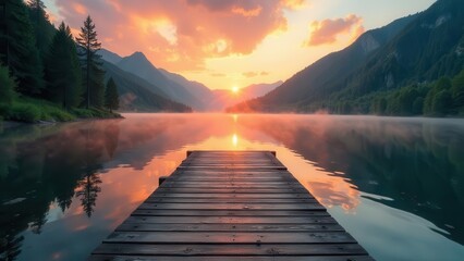 Serene Sunrise Over a Misty Lake with Wooden Dock Extending to the Horizon