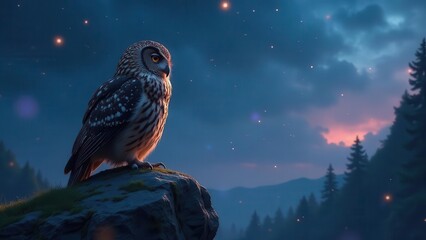 Nocturnal Owl Perched on a Rocky Outcrop at Twilight, Silhouetted Against a Starry Sky and a Distant Mountain Range