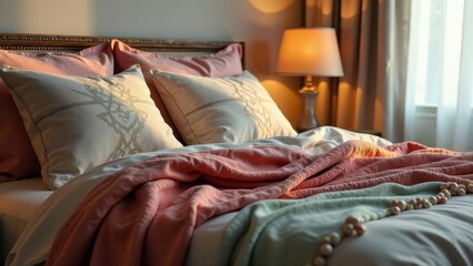 Serene Bedroom Setting with Soft Pillows and Throw Blanket at Golden Hour