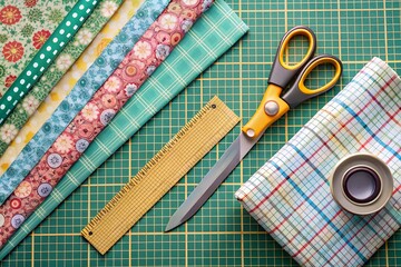 Vibrant patterned fabrics, yellow ruler, and sharp scissors on green cutting mat: crafting supplies overhead flatlay.