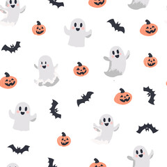 Seamless Halloween pattern with ghost, skull, pumpkin and bats.